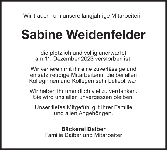 Traueranzeige von Sabine Weidenfelder von NWZ Neue Württembergische Zeitung