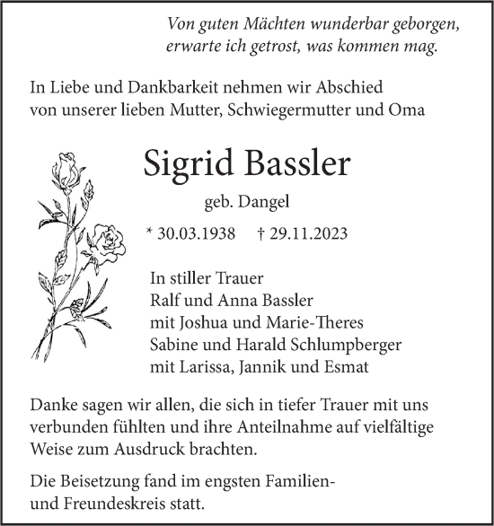 Traueranzeige von Sigrid Bassler von SÜDWEST PRESSE Ausgabe Ulm/Neu-Ulm