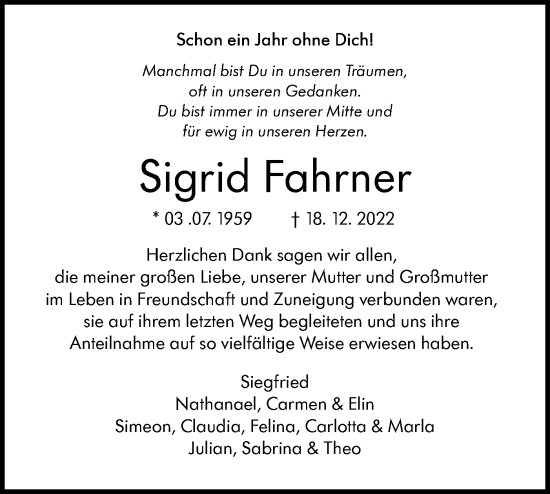 Traueranzeige von Sigrid Fahrner von SÜDWEST PRESSE Ausgabe Ulm/Neu-Ulm