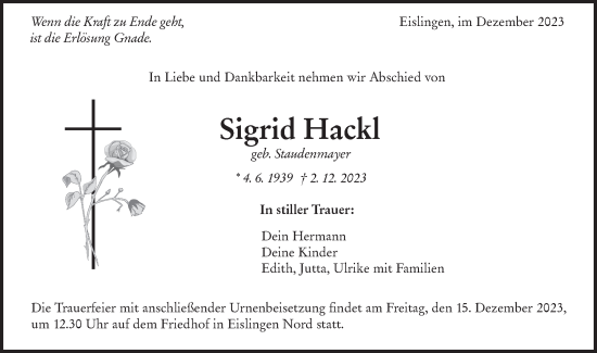 Traueranzeige von Sigrid Hackl von NWZ Neue Württembergische Zeitung