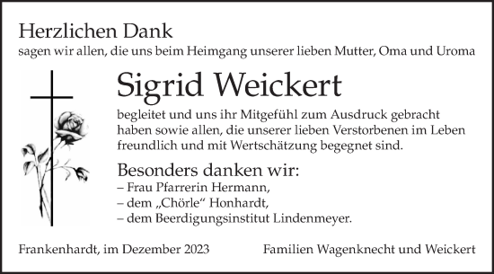 Traueranzeige von Sigrid Weickert von Hohenloher Tagblatt