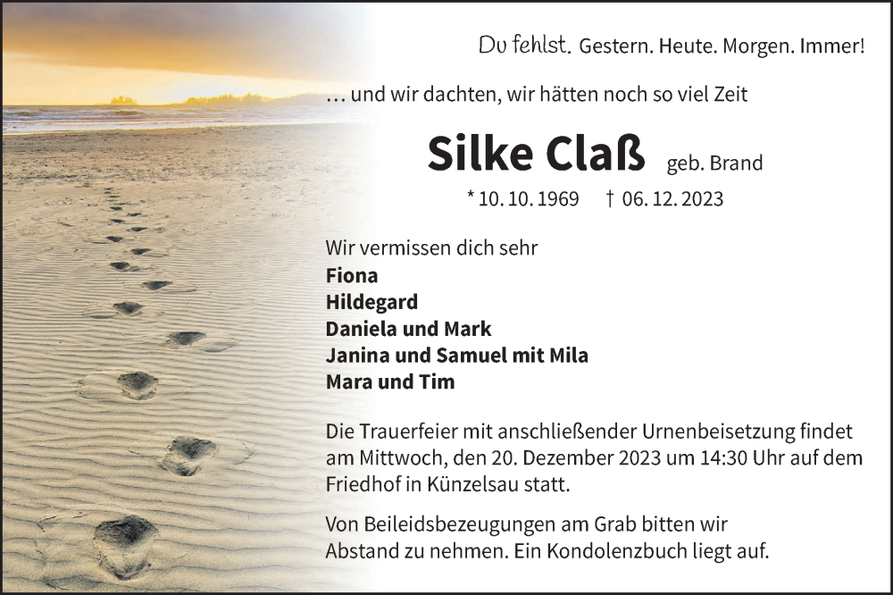  Traueranzeige für Silke Claß vom 16.12.2023 aus Haller Tagblatt