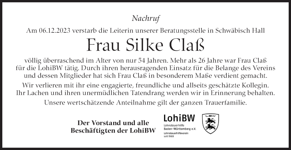  Traueranzeige für Silke Claß vom 16.12.2023 aus Haller Tagblatt