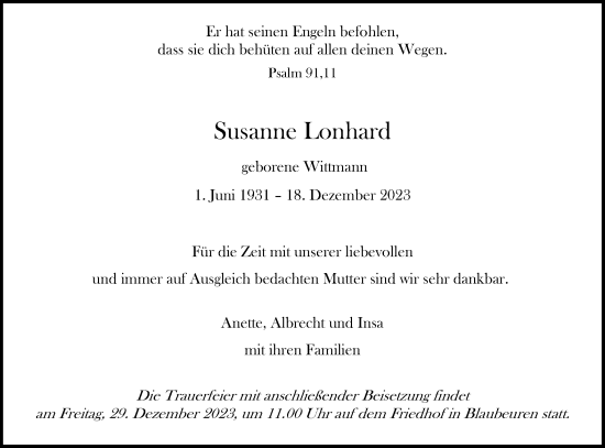 Traueranzeige von Susanne Lonhard von SÜDWEST PRESSE Ausgabe Ulm/Neu-Ulm