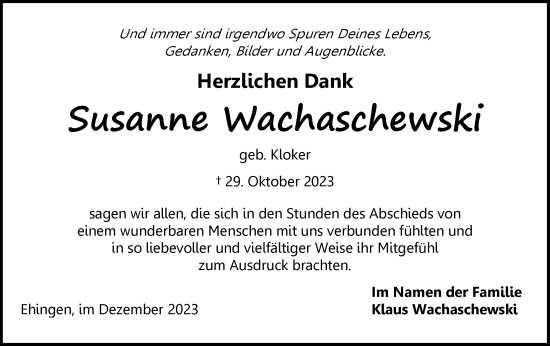 Traueranzeige von Susanne Wachaschewski von Ehinger Tagblatt