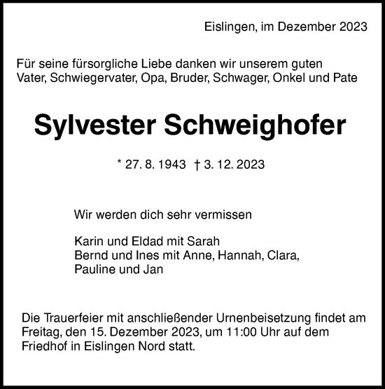 Traueranzeige von Sylvester Schweighofer von NWZ Neue Württembergische Zeitung