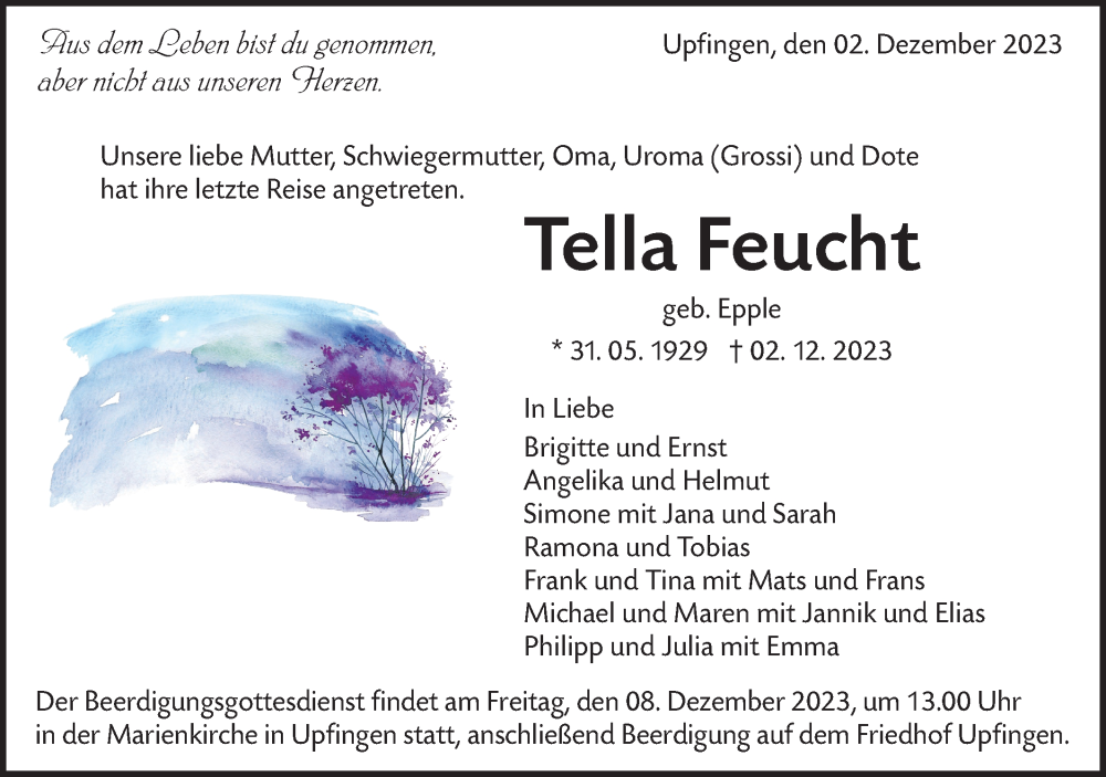  Traueranzeige für Tella Feucht vom 07.12.2023 aus Alb-Bote/Metzinger-Uracher Volksblatt