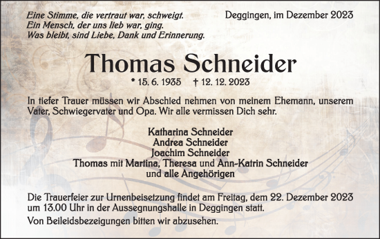 Traueranzeige von Thomas Schneider von Geislinger Zeitung