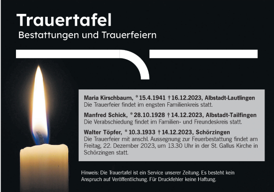 Traueranzeige von Totentafel vom 21.12.2023 von Hohenzollerische Zeitung