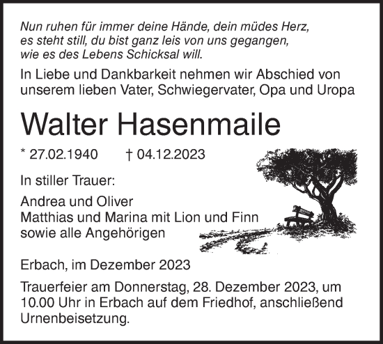 Traueranzeige von Walter Hasenmaile von SÜDWEST PRESSE Ausgabe Ulm/Neu-Ulm