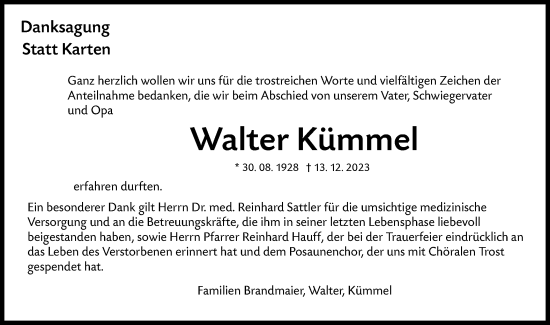 Traueranzeige von Walter Kümmel von NWZ Neue Württembergische Zeitung