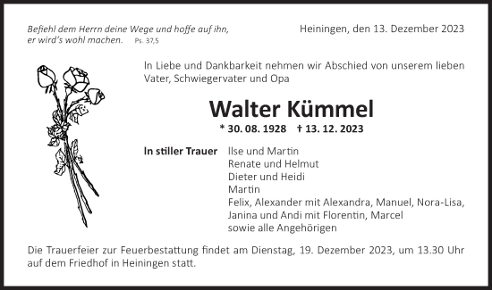 Traueranzeige von Walter Kümmel von NWZ Neue Württembergische Zeitung