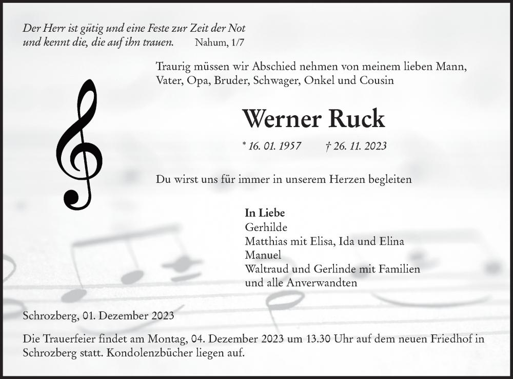  Traueranzeige für Werner Ruck vom 01.12.2023 aus Hohenloher Tagblatt