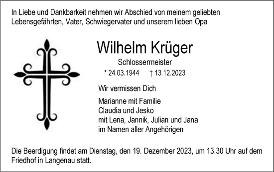 Traueranzeige von Wilhelm Krüger von SÜDWEST PRESSE Ausgabe Ulm/Neu-Ulm