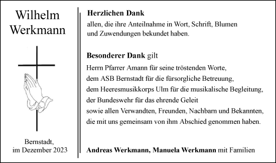 Traueranzeige von Wilhelm Werkmann von SÜDWEST PRESSE Ausgabe Ulm/Neu-Ulm