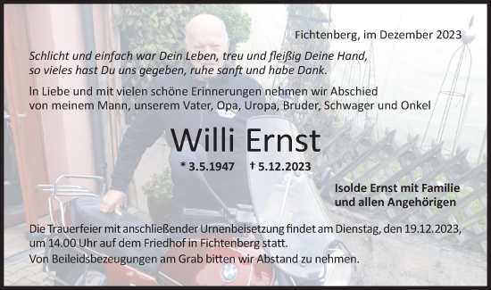 Traueranzeige von Willi Ernst von Rundschau Gaildorf