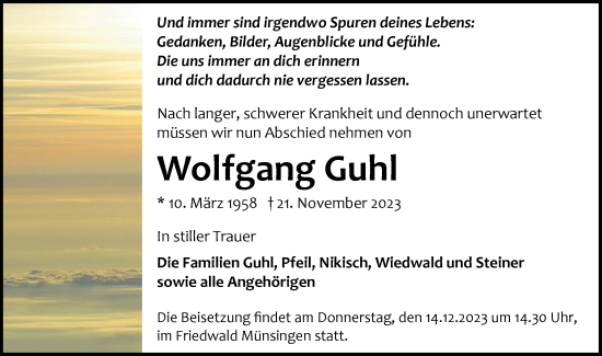 Traueranzeige von Wolfgang Guhl von Alb-Bote/Metzinger-Uracher Volksblatt