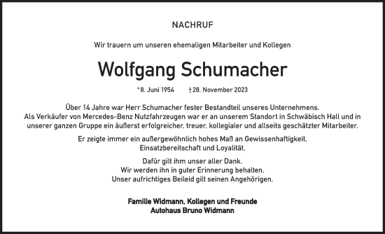 Traueranzeige von Wolfgang  Schumacher von Haller Tagblatt/Rundschau Gaildorf