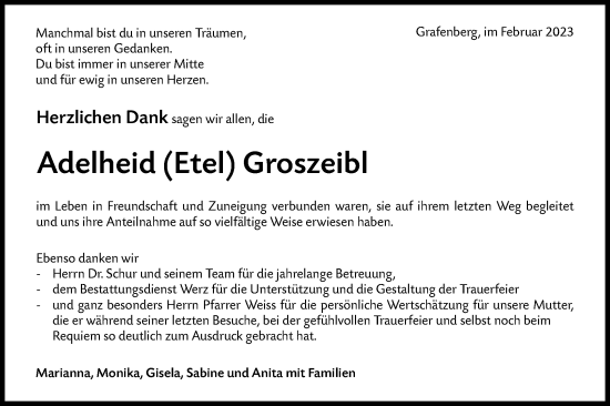 Traueranzeige von Adelheid Groszeibl von Metzinger-Uracher Volksblatt