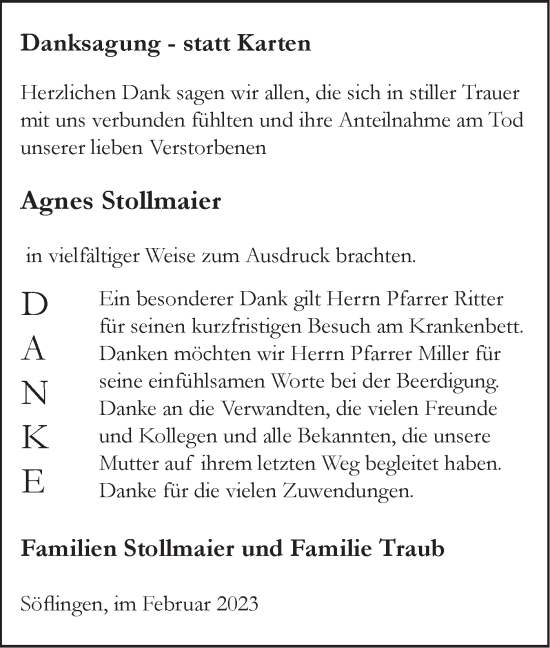 Traueranzeige von Agnes Stollmaier von SÜDWEST PRESSE Ausgabe Ulm/Neu-Ulm