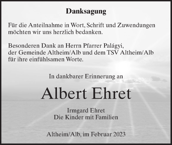 Traueranzeige von Albert Ehret von SÜDWEST PRESSE Ausgabe Ulm/Neu-Ulm