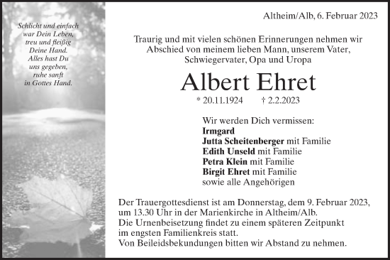 Traueranzeige von Albert Ehret von SÜDWEST PRESSE Ausgabe Ulm/Neu-Ulm