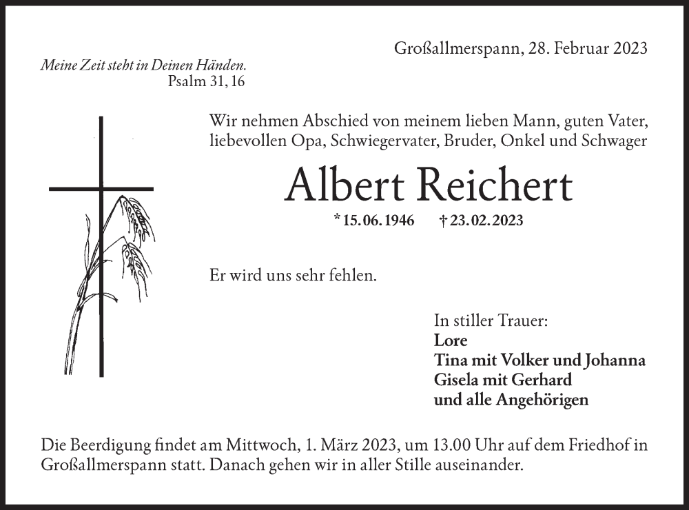  Traueranzeige für Albert Reichert vom 28.02.2023 aus Haller Tagblatt