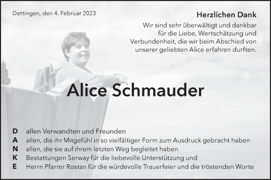 Traueranzeige von Alice Schmauder von Metzinger-Uracher Volksblatt