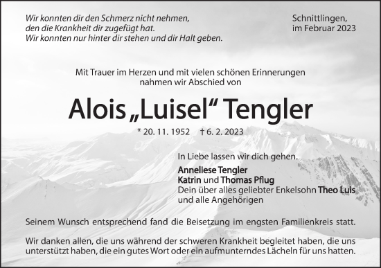 Traueranzeige von Alois Tengler von NWZ Neue Württembergische Zeitung/Geislinger Zeitung