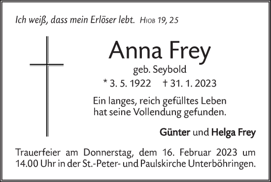 Traueranzeige von Anna Frey von Geislinger Zeitung