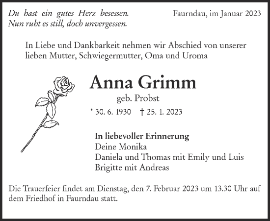 Traueranzeige von Anna Grimm von NWZ Neue Württembergische Zeitung