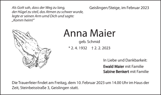 Traueranzeige von Anna Maier von Geislinger Zeitung