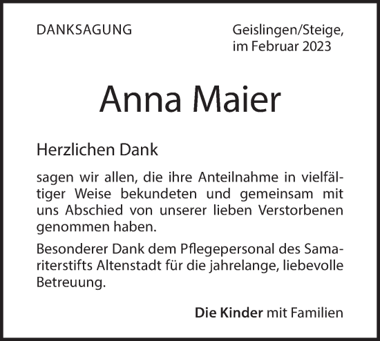 Traueranzeige von Anna Maier von Geislinger Zeitung