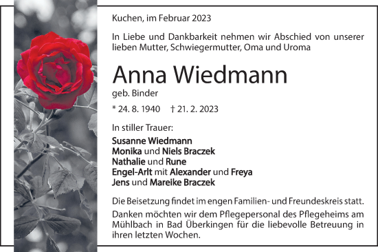 Traueranzeige von Anna Wiedmann von Geislinger Zeitung