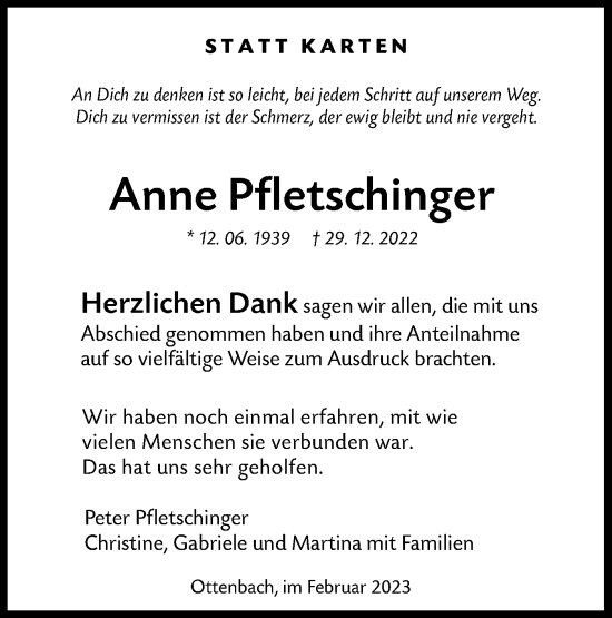 Traueranzeige von Anne Pfletschinger von NWZ Neue Württembergische Zeitung