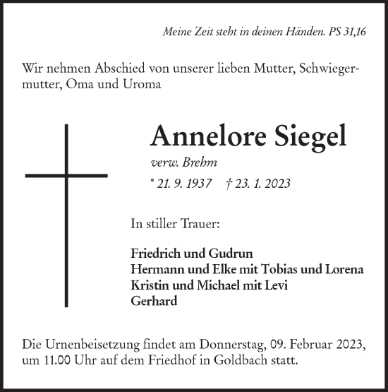 Traueranzeige von Annelore Siegel von Hohenloher Tagblatt