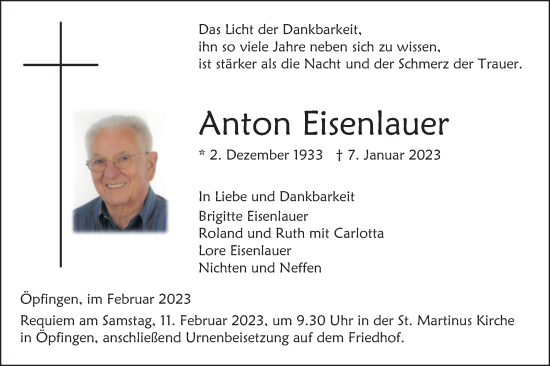 Traueranzeige von Anton Eisenlauer von SÜDWEST PRESSE Ausgabe Ulm/Neu-Ulm