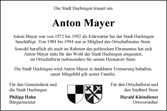 Traueranzeige von Anton Mayer von Metzinger-Uracher Volksblatt