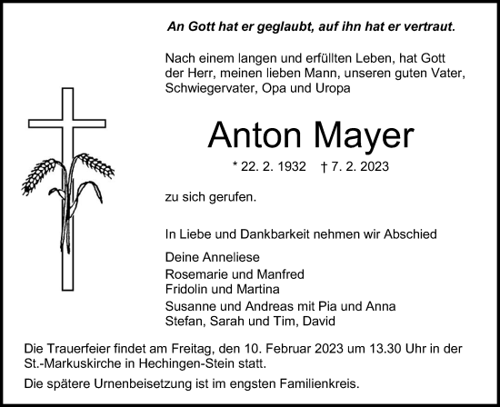 Traueranzeige von Anton Mayer von Metzinger-Uracher Volksblatt