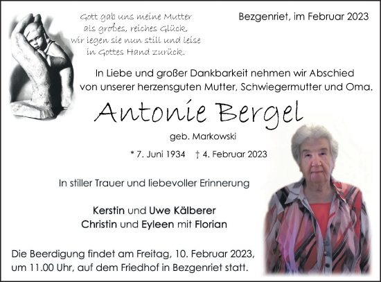 Traueranzeige von Antonie Bergel von NWZ Neue Württembergische Zeitung