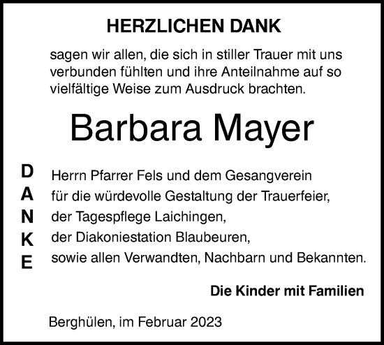 Traueranzeige von Barbara Mayer von SÜDWEST PRESSE Ausgabe Ulm/Neu-Ulm