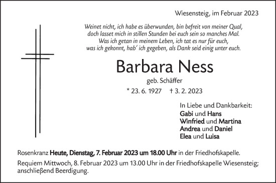 Traueranzeige von Barbara Ness von Geislinger Zeitung