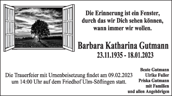 Traueranzeige von Barbara Katharina Gutmann von SÜDWEST PRESSE Ausgabe Ulm/Neu-Ulm