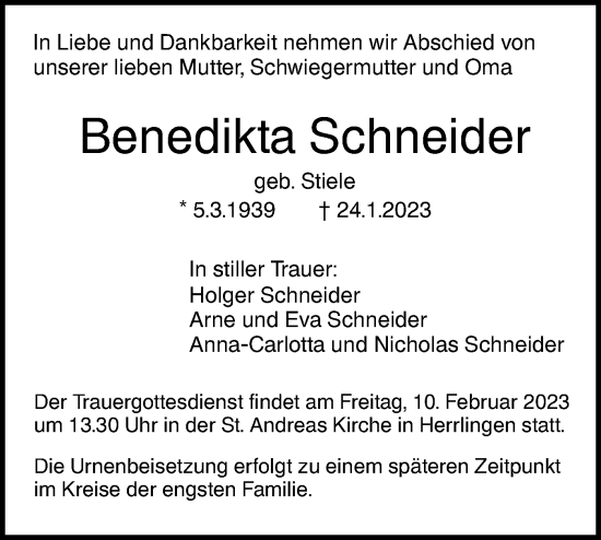 Traueranzeige von Benedikta Schneider von SÜDWEST PRESSE Ausgabe Ulm/Neu-Ulm