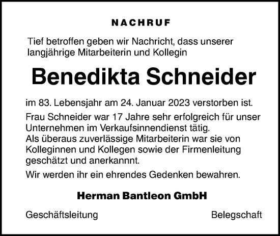 Traueranzeige von Benedikta Schneider von SÜDWEST PRESSE Ausgabe Ulm/Neu-Ulm