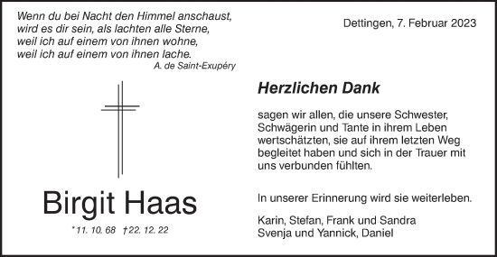 Traueranzeige von Birgit Haas von Metzinger-Uracher Volksblatt