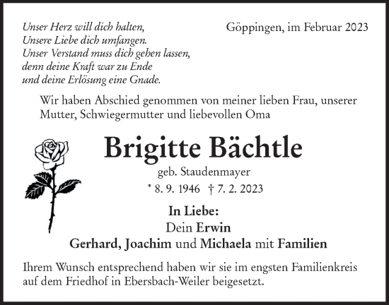 Traueranzeige von Brigitte Bächtle von NWZ Neue Württembergische Zeitung