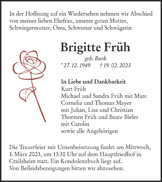 Traueranzeige von Brigitte Früh von Hohenloher Tagblatt