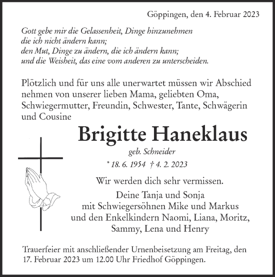 Traueranzeige von Brigitte Haneklaus von NWZ Neue Württembergische Zeitung