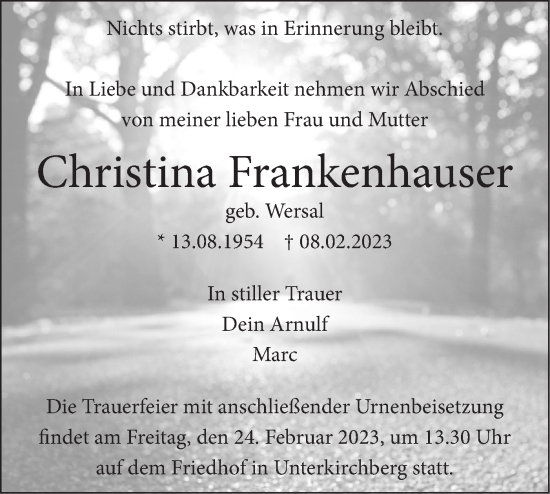 Traueranzeige von Christina Frankenhauser von SÜDWEST PRESSE Ausgabe Ulm/Neu-Ulm